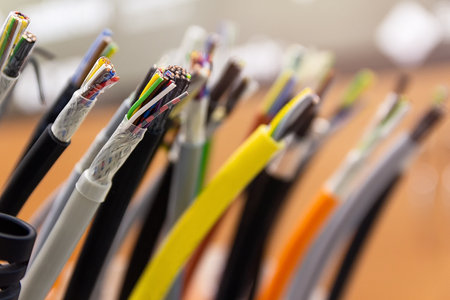 Samples of cable products on display close-up. Industry