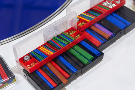 Heat shrink tubes to protect the insulation of cables at the stand. Industryの写真素材