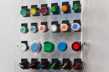 Various electrical button switches on an exhibition stand. Energy industryの写真素材