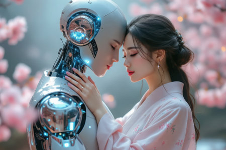 Beautiful oriental girl hugs the Android robot. Fantastic plot. AI generated imageの素材