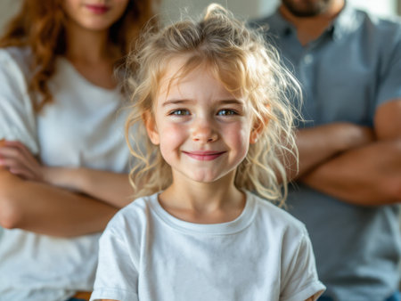 A cute curly red-haired child looks at the camera against the background of his parents. AI generated imageの素材