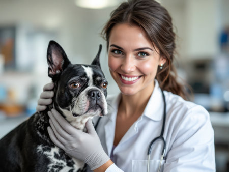 Female veterinarian with dog in veterinary clinic. AI generated imageの素材