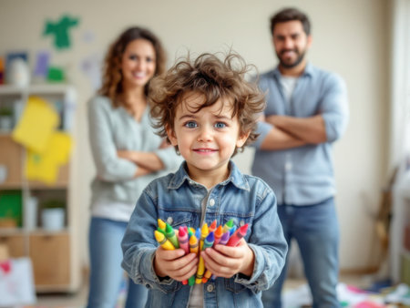 Boy with multi-colored markers on the background of parents. AI generated imageの素材