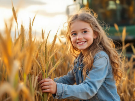 Happy girl in a wheat field next to an agricultural combine. AI generated imageの素材