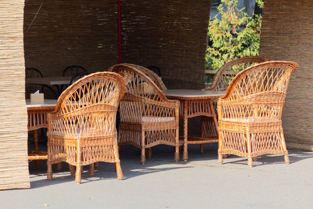 Wicker furniture from a rattan of a street cafe. Europeの写真素材