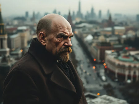 Portrait of a man in the form of a 20 -century political dictator against the backdrop of modern Moscow. AI generated imageの素材