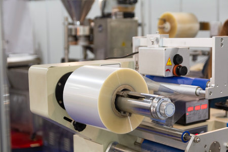 A roll of plastic film above a packaging conveyor for food packaging or plastic packaging bag production. The polyethylene film is fed from the roll into the machine. Food industryの写真素材