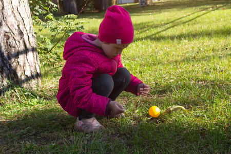 An inquisitive child plays a spring sunny day on the grass. Peopleの写真素材