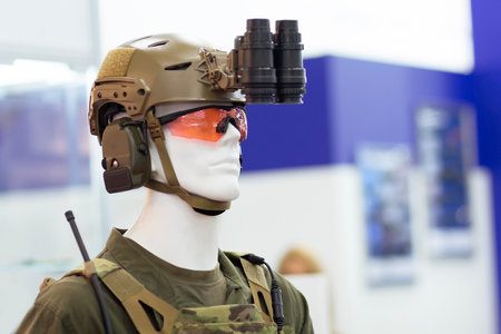 Helmet with night vision device on the demonstration mannequin. Weaponryの写真素材