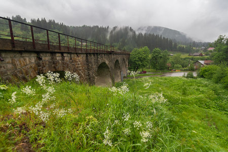 Railway Bridge-Viaduct in Carpathian village Vorokhta. Ukraineの写真素材