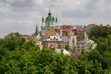 Beautiful view of the ancient street Andrew's Descent and the St. Andrew's Church. Kyiv, Ukraineの写真素材