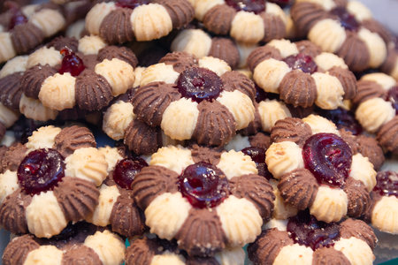 Tasty cookies in the shape of a flower with jam. Foodの写真素材