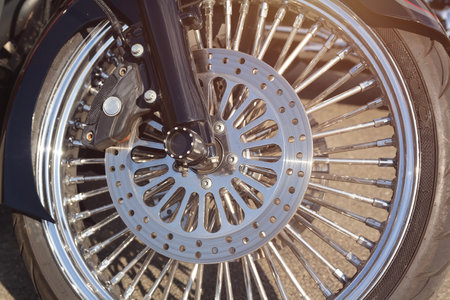 Motorcycles front wheel close-up. Transport