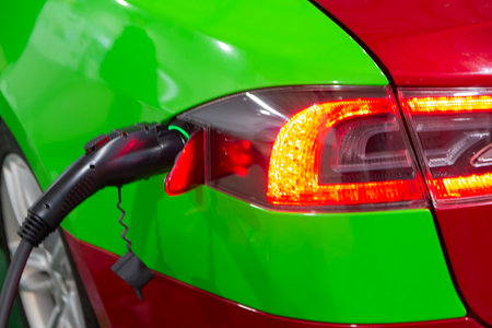 Modern electric car getting electricity from renewable energy sources, car charging process close-up. Eco powerの写真素材