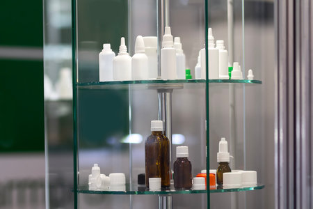 Various bottles for eye drops and medications on a stand. Pharmaceutical industryの写真素材