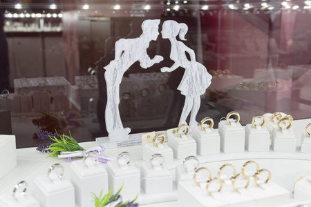 Wedding rings on the counter store. Saleの写真素材
