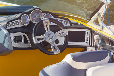 The helm and the dashboard of the lifting yacht. Transport