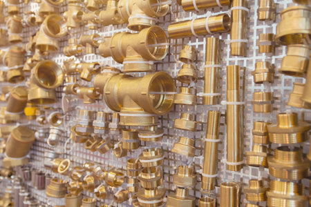 Pipelines and plumbing in the shop window close-up. Industryの写真素材