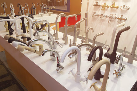 Water taps at the showroom of a large store. Industryの写真素材