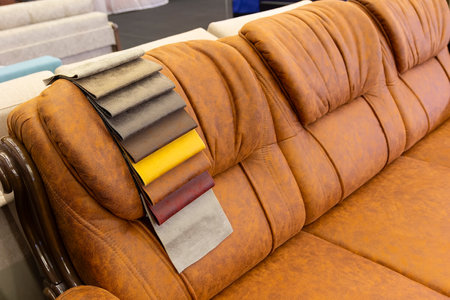 Samples of leather furniture upholstery in a furniture store. Saleの写真素材