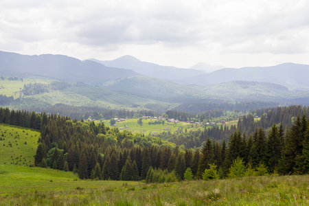 Picturesque landscape with village in the Carpathian mountains. Ukraineの写真素材