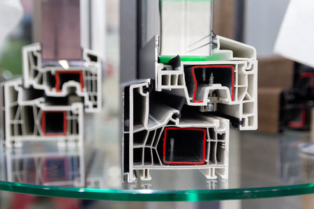 PVC window frame in section close-up. Construction industry