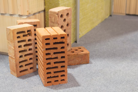 Brick blocks with insulation at a construction exhibition. Construction industryの写真素材