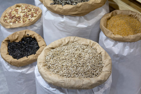 Variety of seeds in paper bags. Sowing materialの写真素材