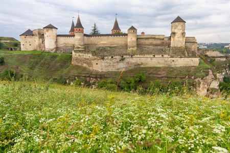 Ancient fortress Kamianets-Podilskyi and wild flowers. Ukraineの写真素材