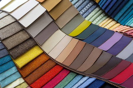 Fabric samples for upholstered furniture in a furniture store, fabric texture for upholstered furnitureの写真素材