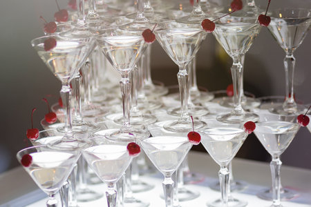 Cocktail glasses arrangement in a form of pyramid.の写真素材