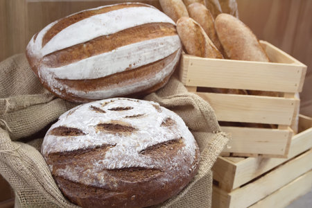 Delicious fresh bread on the bakery counter.