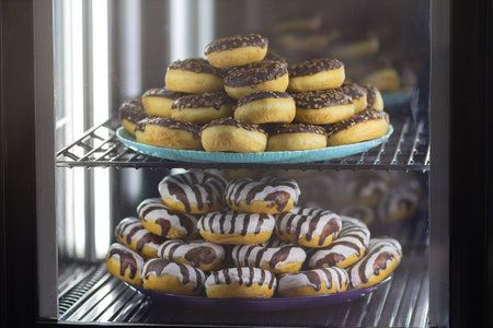 Fresh donuts on the store sheet. Foodの写真素材