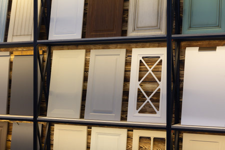 Various samples of kitchen furniture in the exhibition hall. Saleの写真素材