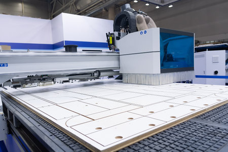 Modern machine for cutting chipboard at a furniture factory. Industryの写真素材