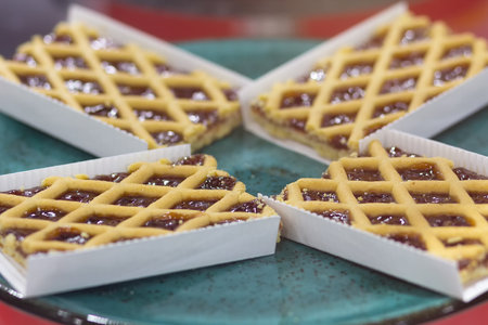 Sliced sweet pie on the cafe display. Foodの写真素材