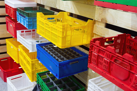 Empty plastic crates for fruits and vegetables. Industryの写真素材