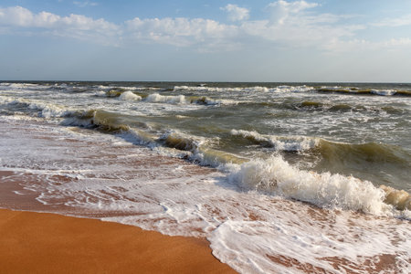 Soft wave gently washing golden sand on beach. Crimeaの写真素材