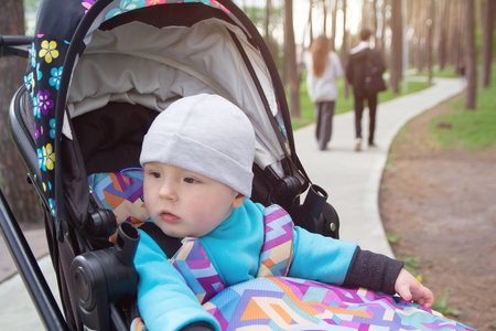 The child in a stroller for a walk in the park in cool weather. People