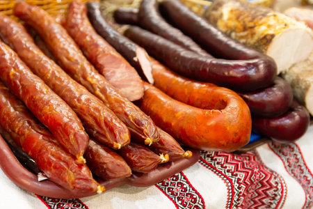 Delicious smoked sausage on the farmer's market counter. Saleの写真素材