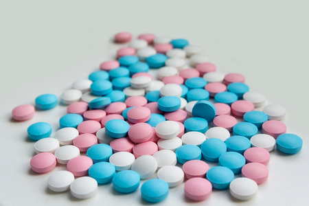 White, blue and pink tablets scattering on the table. Backgroundの写真素材