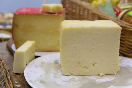 Craft cheese for sale at a farmer's market. Foodの写真素材