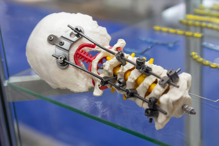 Spinal fixation surgery model with metal implants. Medicineの写真素材