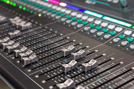 Large professional equalizer in studio. Mixer control panel, sound and music recording industry, modern equipmentの写真素材