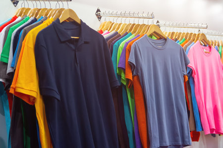Clothing rack full of t-shirts at a store. Saleの写真素材