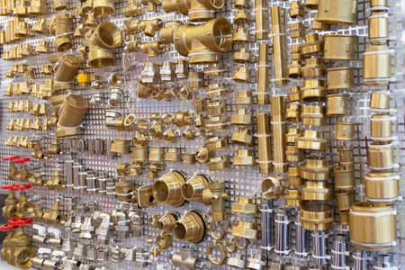 Pipelines and plumbing in the shop window close-up. Industryの写真素材