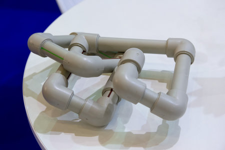 Plastic water pipes on the stand. Industryの写真素材