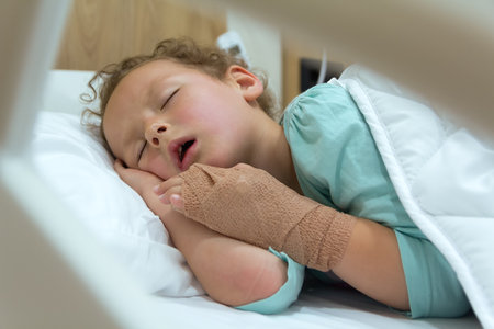 A small curly child sleeps on a hospital bed in the hospital. Peopleの写真素材