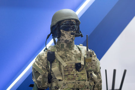 Mannequin in army helmet and modern military equipment. Industryの写真素材