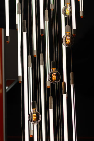 Various light bulbs on the counter of the electrical store. Sale